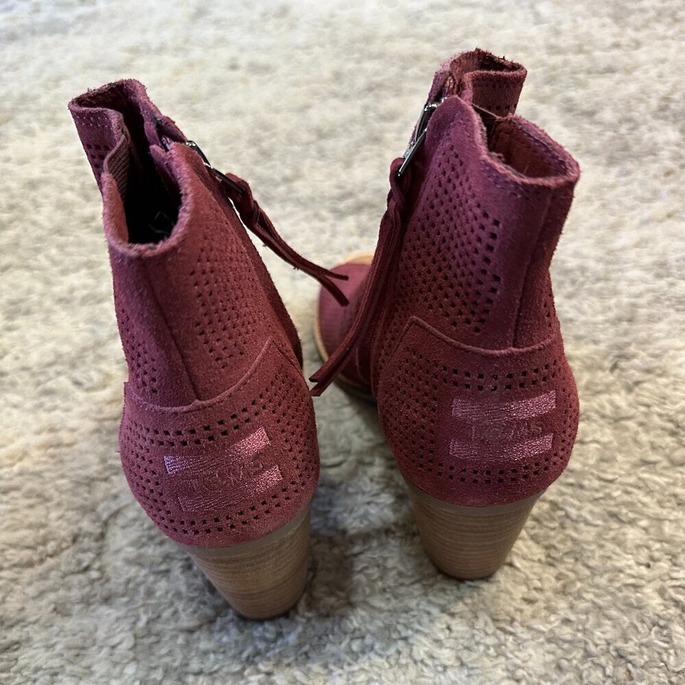 Toms Wide 6.5 Burgundy Red Open Toe Booties Suede Peep Toe Leather Majorca Open - Picture 8 of 10